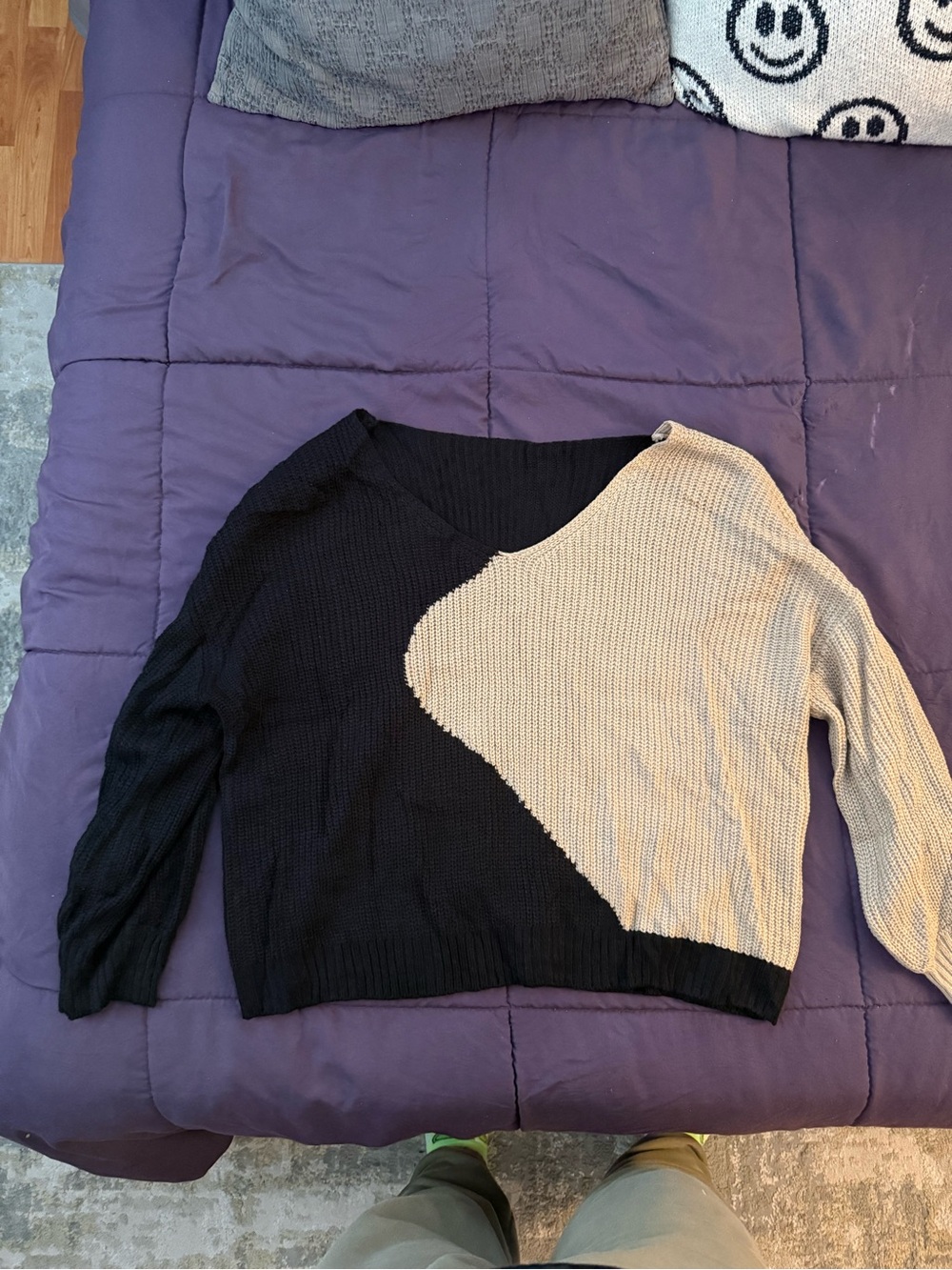 SHEIN Two-Tone Black and Cream V-Neck Sweater